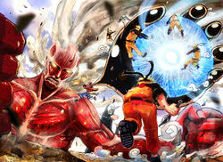  2boys ass battle beam black_hair bleach blonde_hair casting_spell clenched_hand clenched_teeth cloak clone colossal_titan commentary company_connection crossover demong3 energy energy_ball english_commentary fingernails gear_third giant giant_monster glowing glowing_eyes haki holding holding_knife holding_weapon horns knife kunai long_nose magic male_focus mask menos_grande monkey_d._luffy monster multiple_boys multiple_crossover muscular naruto naruto_(series) naruto_shippuuden ninja one_piece oversized_forearms oversized_limbs pants photoshop_(medium) pocket rasengan rock shingeki_no_kyojin shounen_jump single_horn smoke spiked_hair steam teeth titan_(shingeki_no_kyojin) uniform uzumaki_naruto uzumaki_symbol weapon yellow_eyes 