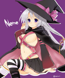  ayachi_nene belt breasts commentary_request detached_sleeves female gatakenjin hat long_hair looking_at_viewer medium_breasts navel photoshop_(medium) purple_eyes ribbon sanoba_witch silver_hair skirt solo thighhighs witch_hat 