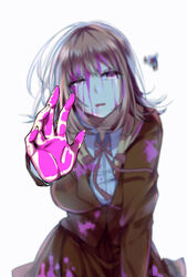  alti_meizi blood breasts commentary crying danganronpa_(series) danganronpa_3_(anime) death female flipped_hair galaga hair_ornament hope&#039;s_peak_academy_school_uniform large_breasts medium_hair nanami_chiaki photoshop_(medium) pink_blood pink_eyes reaching reaching_towards_viewer school_uniform solo spoilers unworn_hair_ornament 