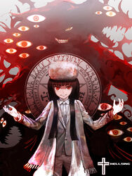  alucard_(hellsing) bad_id bad_pixiv_id black_hair blood coat copyright_name ddr_qing female genderswap_(mtf) girlycard hat hellsing long_hair looking_at_viewer necktie photoshop_(medium) red_eyes rule_63 smile solo teeth too_many_eyes 