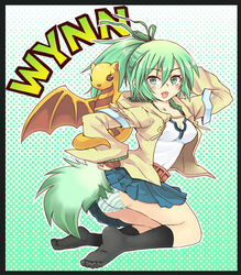  black_socks breasts character_name cleavage collarbone commentary_request dragon duel_monster female green_eyes green_hair green_panties hand_on_own_head jacket long_hair looking_at_viewer medium_breasts nasuka@hiyokko panties pantyshot petit_dragon ponytail skirt socks solo striped_clothes striped_panties tongue tongue_out underwear wynn_(yu-gi-oh!) wynn_the_wind_charmer yu-gi-oh! yu-gi-oh!_duel_monsters 