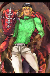  1boy belt blonde_hair blue_eyes commentary_request diego_brando dinosaur fangs gloves green_shirt hat ishiima_shiro jojo_no_kimyou_na_bouken male_focus scary_monsters_(stand) shirt solo steel_ball_run sweater turtleneck 