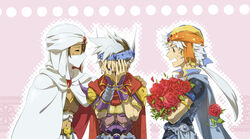  3boys armor brown_hair cape dissidia_final_fantasy facepalm final_fantasy final_fantasy_ii flower frioniel long_hair male male_focus midriff ming-wu multiple_boys navel ponytail red_eyes rim1010 robe rose short_hair turban white_hair 