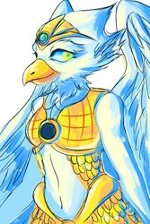  2:3 accipitrid accipitriform anthro armor avian bird breasts eagle eris_(legends_of_chima) eyelashes feathers female green_eyes hi_res legends_of_chima lego looking_at_viewer navel non-mammal_breasts simple_background smile solo white_body white_feathers xenvita_(artist) 