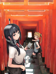  2girls :o animal backpack bag bag_charm bare_arms between_breasts black_bow black_footwear black_hair black_legwear black_skirt bow breasts brown_eyes cellphone charm_(object) closed_mouth collared_shirt commentary_request day feline fingernails following from_above fushimi_inari_taisha hairbow headphones headphones_around_neck highres holding holding_phone holding_strap kyoto large_breasts light_brown_hair lips long_fingernails long_hair looking_at_another looking_at_viewer looking_back miniskirt multiple_girls multiple_torii necktie necktie_between_breasts original outstretched_arm peeking_out phone photoshop_(medium) pleated_skirt pointing real_world_location red_necktie school_uniform shade shirt shoes short_sleeves shoulder_bag skirt small_breasts smartphone stairs standing strap_between_breasts sweater_vest tanaka_shoutarou thighhighs torii twintails white_shirt wire 