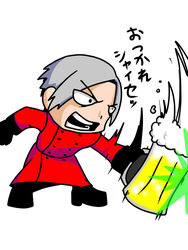  1boy adler_(akatsuki_blitzkampf) akatsuki_blitzkampf alcohol beer beer_mug chibi coat commentary_request cup en-eins_kanzen_sekai gloves grey_hair holding holding_cup male_focus mug namelessl open_mouth simple_background solo translation_request 