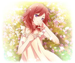  commentary_request dress female field flower flower_field from_above grass hand_on_own_chest hand_to_head light_smile looking_at_viewer love_live! love_live!_school_idol_project lying medium_hair nishikino_maki outdoors petals purple_eyes red_hair sleeveless solo yuzucky 