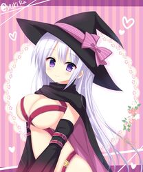  ayachi_nene bow breasts commentary_request detached_sleeves female hat hat_ribbon highres kuze_matsuri long_hair looking_at_viewer medium_breasts purple_eyes ribbon sanoba_witch silver_hair solo witch_hat 