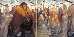  6+boys armor army beard cape character_request eumenes_(fate) facial_hair fate/zero fate_(series) flag fur helmet highres ionioi_hetairoi_(fate) iskandar_(fate) male_focus manly morii_shizuki moustache multiple_boys polearm ptolemy_(fate) red_hair scan shield soldier spear sword topless_male turban war weapon 