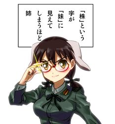  animal_ears bespectacled brown_eyes brown_hair commentary_request dog_ears dog_girl female gertrud_barkhorn glasses nami2 solo strike_witches translated twintails world_witches_series 