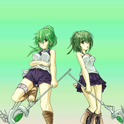  2girls bad_id bad_pixiv_id bike_shorts breasts collar collarbone duel_monster green_eyes green_hair hair_ornament jewelry kenn long_hair looking_at_another medium_breasts midriff multiple_girls navel open_mouth panties pantyshot ponytail sandals siblings sisters skirt smile staff striped_clothes striped_panties underwear winda_(yu-gi-oh!) winda_priestess_of_gusto wynn_(yu-gi-oh!) wynn_the_wind_charmer yu-gi-oh! yu-gi-oh!_duel_monsters 