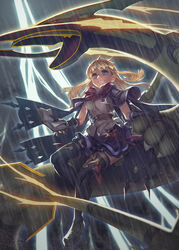  black_footwear black_gloves blonde_hair blue_eyes blue_skirt boots breasts cagliostro_(dark)_(granblue_fantasy) cagliostro_(granblue_fantasy) cape commentary crossover crown female frilled_skirt frills gloves granblue_fantasy long_hair looking_at_viewer mega_pokemon mega_rayquaza parted_lips pokemon pokemon_(creature) rain rayquaza rotix shirt skirt small_breasts smile thigh_boots thighhighs white_shirt 