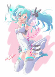  aqua_eyes aqua_hair armpits artist_name boots commentary_request covered_navel dated double_v elbow_gloves female gloves goodsmile_company goodsmile_racing hatsune_miku jumping leotard long_hair open_mouth race_queen racing_miku racing_miku_(2014) solo thigh_boots thighhighs totsuki_touka_(orange_factory) twintails v vocaloid 