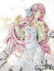  brush_(medium) color_ink_(medium) commentary_request dress female issun_boushi_(ilmtkimoti) just_be_friends_(vocaloid) long_hair making-of_available megurine_luka pink_eyes solo string string_of_fate tears traditional_media very_long_hair vocaloid watercolor_pencil_(medium) white_dress 