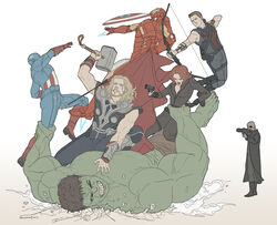  6+boys armor arrow_(projectile) avengers_(series) black_hair black_widow blonde_hair blue_eyes blush bodysuit bow_(weapon) breasts brown_hair cape captain_america cleavage colored_skin dark_skin eyepatch facial_hair female gb_(doubleleaf) green_eyes green_skin gun handgun hawkeye_(marvel) hulk iron_man large_breasts long_hair marvel marvel_cinematic_universe mask multiple_boys nick_fury open_mouth photoshop_(medium) red_hair rocket_launcher shield skin_tight stubble thor_(marvel) weapon 