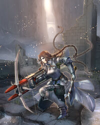  arch armor asymmetrical_dual_wielding axe blue_eyes braid brick_wall bridge broken_wall brown_hair cape closed_mouth commentary_request couter crack cracked_floor crossbow cuirass cuisses dual_wielding fantasy faulds female floating_hair full_body gauntlets greaves green_pants ground_shatter highres holding holding_axe holding_crossbow holding_weapon long_hair multiple_weapons on_one_knee original overskirt pants pauldrons plate_armor poleyn profile quad_braids ravine rerebrace ruins sabaton serious shoulder_armor solo sunlight takayama_dan waist_cape warrior water weapon white_cape 