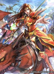  altena_(fire_emblem) armor breastplate commentary company_connection copyright_name day dragon female fire_emblem fire_emblem:_genealogy_of_the_holy_war fire_emblem:_thracia_776 fire_emblem_cipher gae_bolg_(fire_emblem) headband holding holding_sword holding_weapon long_hair looking_at_viewer official_art open_mouth outdoors outstretched_arm polearm red_eyes red_hair shoulder_armor sky spear sword very_long_hair wada_sachiko weapon wings wyvern 