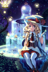  blonde_hair commentary drill_hair female food fountain fruit gloves grapes hat hat_ribbon holding juby original pantyhose purple_eyes ribbon sitting solo star_(symbol) white_gloves white_pantyhose witch witch_hat 