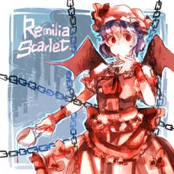  ascot azya bad_id bad_pixiv_id bow chains character_name cup dress female hat highres purple_hair red_eyes remilia_scarlet short_hair solo touhou wings wrist_cuffs 