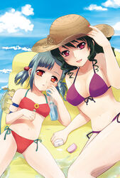  2girls bad_id bad_pixiv_id bikini black_hair blue_hair braid breasts cleavage cloud commentary_request day dominura_(simoun) front-tie_top hair_bobbles hair_ornament hat kiryuu_aoko limone_(simoun) lipstick makeup medium_breasts multiple_girls nail_polish navel outdoors red_eyes red_nails side-tie_bikini_bottom simoun sky small_breasts smile straw_hat swimsuit twintails water 