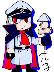  akatsuki_blitzkampf ascot belt cape commentary_request en-eins_kanzen_sekai female food gloves grey_hair hat military_hat namelessl perfecti red_eyes simple_background skewer solo uniform 