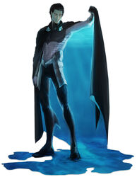  1boy aqua_man aquaman_(series) armor black_hair bodysuit calborn cape dc_comics full_body garth male male_focus ocean ocean_master orm_marius scale_armor solo standing 