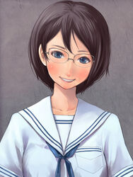  black_hair blue_eyes commentary_request female glasses grin highres image_sample md5_mismatch mole original pixiv_sample school_uniform shigureteki short_hair smile solo 