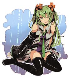  azya bad_id bad_pixiv_id bow detached_sleeves female green_eyes green_hair hairbow hatsune_miku highres long_hair necktie one_eye_closed smile solo thighhighs twintails very_long_hair vocaloid zettai_ryouiki 