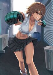  abs air_conditioner alley black_skirt boxing_gloves breasts brown_hair cleavage clenched_hand clenched_teeth collarbone commentary day earrings female fingerless_gloves gloves grin highres incoming_attack incoming_punch industrial_pipe jewelry large_breasts leaning_forward looking_at_viewer midriff miniskirt mma_gloves muscular muscular_female navel no_bra obliques original outdoors overhead_door pleated_skirt punching ranma_(kamenrideroz) red_eyes school_uniform shirt short_hair skirt skirt_flip smile solo teeth tied_shirt trash_can 