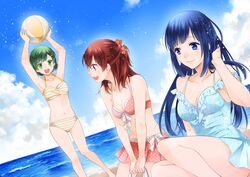  3girls armpits arms_up ball beach bikini bikini_skirt blue_hair blue_heroine_(boyfriend_(kari)) blue_one-piece_swimsuit boyfriend_(kari) breasts brown_hair casual_one-piece_swimsuit cloud collarbone commentary_request day frilled_one-piece_swimsuit frills green_eyes green_hair green_heroine_(boyfriend_(kari)) hair_ornament hand_in_own_hair hatsumi_(mdr323) holding holding_ball long_hair medium_breasts multiple_girls navel ocean one-piece_swimsuit open_mouth outdoors red_bikini red_heroine_(boyfriend_(kari)) short_hair sky small_breasts smile striped_bikini striped_clothes swimsuit 