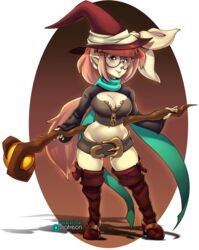  belt boots breasts brown_eyes cleavage female glasses hat highres hizzacked long_hair midriff original pink_hair pointy_ears solo staff thigh_boots thighhighs witch_hat 