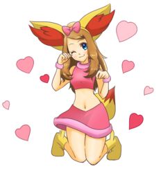  :3 animal_ears blue_eyes blush boots bow brown_hair closed_mouth commentary_request cosplay crop_top fake_animal_ears fake_tail female fennekin fennekin_(cosplay) full_body hairbow heart kneeling long_hair looking_at_viewer midriff mikeko_(neko19920311) navel one_eye_closed paw_pose pokemon pokemon_(anime) pokemon_ears pokemon_tail pokemon_xy_(anime) serena_(pokemon) skirt sleeveless solo tail transparent_background 