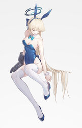  absurdres adjusting_footwear animal_ears bare_shoulders blonde_hair blue_archive blue_bow blue_bowtie blue_footwear blue_halo blue_leotard bow bowtie breasts chinese_commentary cleavage closed_eyes commentary_request covered_navel detached_collar fake_animal_ears fake_tail female full_body gauntlets halo highleg highleg_leotard highres invisible_chair leotard long_hair mechanical_arms medium_breasts official_alternate_costume parted_lips playboy_bunny rabbit_ears rabbit_tail revision simple_background single_gauntlet single_mechanical_arm sitting soeyumi solo strapless strapless_leotard tail thighhighs toki_(blue_archive) toki_(bunny)_(blue_archive) very_long_hair white_background white_thighhighs wrist_cuffs 