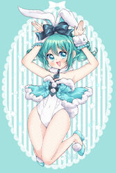  :d animal_ears aqua_background aqua_eyes aqua_footwear aqua_hair aqua_theme bare_shoulders bicute_bunnies_miku black_ribbon blue_background blue_eyes blue_hair border bow breasts cleavage collar colored_eyelashes commentary covered_navel detached_collar doily double_bun ear_bow fake_animal_ears fake_tail female fishnet_pantyhose fishnets flower frilled_cuffs frills fur-trimmed_leotard fur_trim hair_bun hatsune_miku high_heels highres jumping knees_together_feet_apart lace lace_border leotard light_blue_hair light_blush navel necktie open_mouth ornate_border oval pantyhose pinny playboy_bunny pom_pom_(clothes) rabbit_ears rabbit_pose rabbit_tail ribbon sidelocks single_side_bun smile solo strapless strapless_leotard striped striped_background tail teeth tied_ears upper_teeth_only vocaloid white_flower white_pantyhose wrist_cuffs 