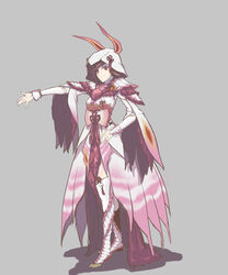  absurdres boots brown_eyes brown_hair dabingdan dress female full_body grey_background highres hood hoodie japanese_clothes mizutsune monster_hunter_(series) monster_hunter_xx original personification pink_dress short_hair solo standing two-tone_dress white_dress white_footwear 