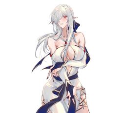  arknights bare_shoulders blue_ribbon breasts bridal_gauntlets cleavage collarbone commentary detached_sleeves dress female gladiia_(arknights) grey_hair hair_over_one_eye hair_ribbon large_breasts long_hair mirrorwu off-shoulder_dress off_shoulder one_eye_covered pointy_ears red_eyes ribbon simple_background solo white_background white_dress 