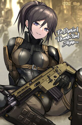  battle_rifle bodysuit brown_hair commentary_request commission english_text female fn_scar_17 frogs_(metal_gear) gun holding holding_gun holding_weapon original parted_lips ponytail purple_eyes rifle signature sitting skeb_commission skin_tight solo sunao_(70_the) trigger_discipline weapon 