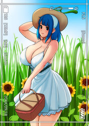  absurdres bare_shoulders basket blue_hair blue_sky breasts cleavage commentary day dress english_commentary erkaz female flower grass halterneck hand_on_headwear hat highres holding holding_basket huge_breasts original outdoors photoshop_(medium) rina_atherina sky standing sunflower thighs timestamp viewfinder white_dress 