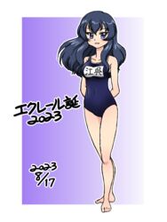  2023 arms_behind_back barefoot birthday blue_eyes blue_hair blue_one-piece_swimsuit character_name commentary crossed_legs dated eclair_(girls_und_panzer) female girls_und_panzer girls_und_panzer_gekitou!_maginot-sen_desu!! long_hair looking_at_viewer name_tag one-piece_swimsuit open_mouth outline purple_background school_swimsuit smile solo standing swimsuit takahashi_kurage translated white_outline wind 