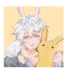  1boy animal_ears black_jacket border bun-mii english_commentary faux_photograph fur_trim hair_ornament hairclip holding holding_stuffed_toy jacket male_focus open_mouth polaroid portrait rabbit_boy rabbit_ears scarf smile solo stuffed_animal stuffed_rabbit stuffed_toy tsunderia uzuki_tomoya virtual_youtuber white_border white_hair yellow_eyes yellow_scarf 