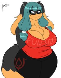  2018 absurd_res anthro bottomwear breasts canid canine canis cleavage clothed clothing curvy_figure domestic_dog eyewear female glasses hair hi_res jwinkz mammal pants smile solo thick_thighs voluptuous wide_hips yoga_pants zoey_(jwinkz) 