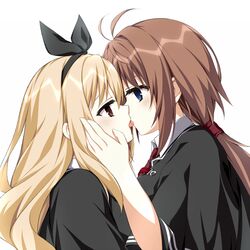  2girls antenna_hair aroused asagi_nanami black_capelet black_ribbon blonde_hair blue_eyes blush breast_press breasts brown_eyes brown_hair capelet close-up closed_eyes commentary_request eye_contact eyebrows_hidden_by_hair eyelashes french_kiss from_side hair_between_eyes hair_ribbon hand_on_another&#039;s_cheek hand_on_another&#039;s_face highres kissing large_breasts long_hair looking_at_another low_ponytail multiple_girls necktie parted_lips profile red_necktie ribbon saliva school_uniform sidelocks simple_background tsui_no_sora_(remake) wakatsuki_kotomi white_background yokoyama_yasuko yuri 