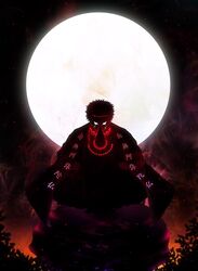  1boy bad_id bad_twitter_id beads crying full_moon harada_miyuki headband himejima_gyoumei japanese_clothes kimetsu_no_yaiba male_focus md5_mismatch meditation moon night prayer_beads praying rock short_hair sitting solo 