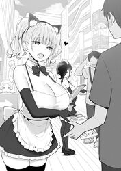  3boys 3girls animal_ears apron bad_id bad_twitter_id blush breasts cat_ears cleavage commentary cosplay faceless faceless_male fake_animal_ears flyer greyscale heart highres inactive_account joshi_kousei_rich_thots large_breasts maid_apron maid_headdress mio_(sky-freedom) monochrome multiple_boys multiple_girls oerba_yun_fang original riko_(sky-freedom) shoes short_hair short_twintails skin_fang sky-freedom thighhighs twintails 