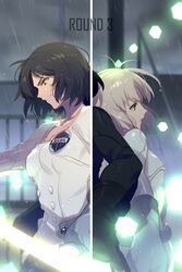  2girls back-to-back black_hair blonde_hair blurry breasts cube depth_of_field echo_(circa) from_side gloves glowing glowing_sword glowing_weapon green_eyes holding holding_sword holding_weapon kumagai_yuuko long_sleeves multiple_girls nasu_rei nasu_squad&#039;s_uniform profile rain short_hair smile sword uniform upper_body weapon wet world_trigger yellow_eyes 