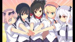  5girls ;d ;o asuka_(senran_kagura) black_hair black_ribbon blonde_hair blue_eyes blue_necktie blue_ribbon blue_skirt blush breasts brown_eyes commentary_request eyepatch furrowed_brow green_eyes hair_ornament hair_ribbon hanzou_academy_uniform hibari_(senran_kagura) highres ikaruga_(senran_kagura) katsuragi_(senran_kagura) large_breasts long_hair multiple_girls necktie official_art one_eye_closed open_clothes open_mouth open_shirt outstretched_arms pink_hair ponytail red_eyes red_scarf ribbon scarf school_uniform senran_kagura shirt short_hair short_twintails shuriken skirt smile symbol-shaped_pupils twintails weapon white_hair white_ribbon white_shirt yaegashi_nan yagyu_(senran_kagura) 