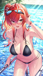  :d absurdres ahoge azur_lane bikini black_bikini blush breasts cleavage climbing collarbone day fanbox_reward female goggles goggles_on_head hair_ornament highres large_breasts long_hair looking_at_viewer navel o-ring o-ring_bikini official_alternate_costume open_mouth outdoors paid_reward photoshop_(medium) pool pool_ladder red_hair side_ponytail skindentation smile solo sunlight swimsuit takamine_nadare tucking_hair wet zara_(azur_lane) zara_(poolside_coincidence)_(azur_lane) 