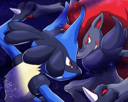  5:4 aggression aggressive ambiguous_gender anthro battle black_body black_fur blue_body blue_eyes blue_fur duo fighting_pose fur generation_4_pokemon generation_5_pokemon hair kirlaicstorm lucario nintendo paws pokemon pokemon_(species) pose red_eyes red_hair simple_background sparkles spikes zoroark 