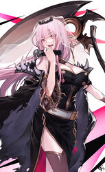  babyg_wong bare_shoulders belt black_dress blunt_bangs breasts brown_thighhighs cleavage cowboy_shot detached_sleeves dress female gold_trim highres holding holding_microphone holding_weapon hololive hololive_english huge_weapon large_breasts long_hair long_sleeves looking_at_viewer microphone mori_calliope mori_calliope_(1st_costume) open_mouth pelvic_curtain pink_hair red_eyes scythe simple_background single_detached_sleeve solo spiked thighhighs tiara veil very_long_hair virtual_youtuber weapon white_background 