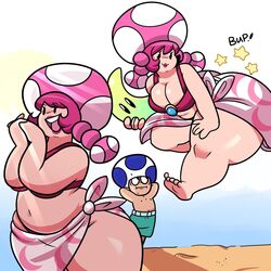  1:1 ass beach beachwear belly big_breasts big_butt blue_toad breasts clothing duo elemental_creature elemental_humanoid female fungi_fauna fungi_humanoid fungus hi_res huge_butt huge_hips huge_thighs humanoid jumping lipstick makeup male mario_bros mushroom mushroom_cap mushroom_humanoid nintendo not_furry overweight overweight_female overweight_humanoid power_moon seaside superspoe swimming_trunks swimwear thick_thighs toad_(mario) toadette twintails wide_hips 